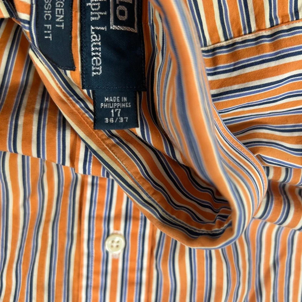 Polo Ralph Lauren Button Down Mens 17 36/37 Orange Striped Regent Classic Fit